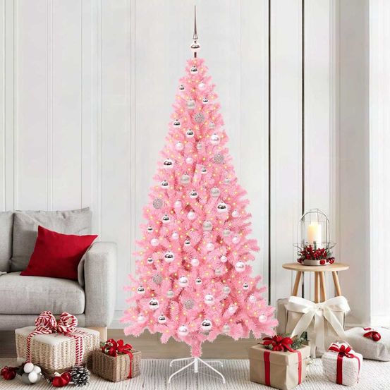 Sapin artificiel tendance rose 210 cm, complet avec 300 led et décorations