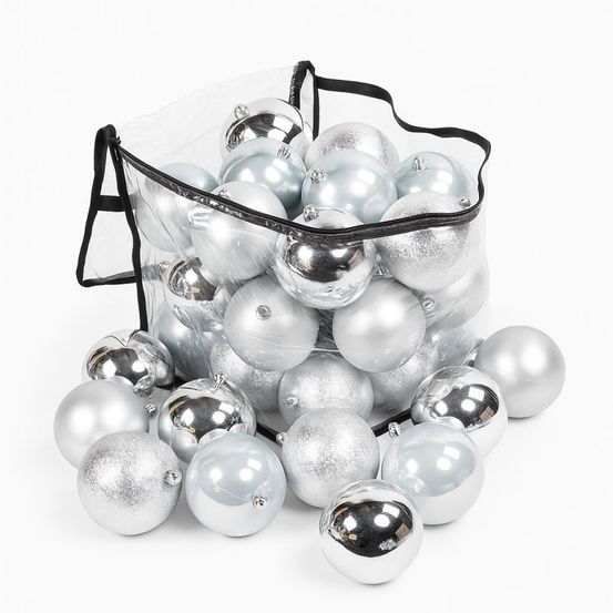 Lot de 46 boules de noël 10cm argent (12 brillantes, 12 mates, 11 texturées, 11 opalines)