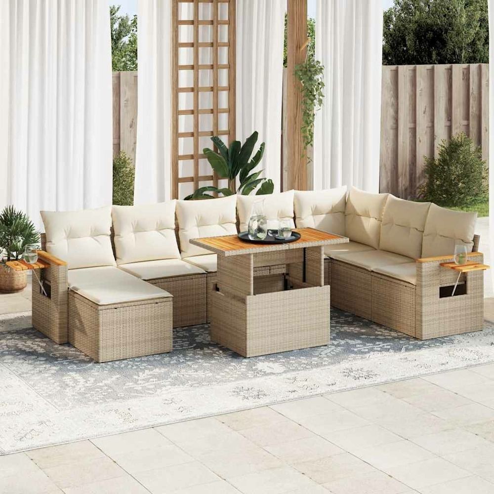 Salon de jardin avec coussins 9 pcs beige résine tressée acacia