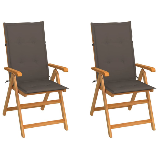 Chaises de jardin lot de 2 et coussins taupe bois teck massif