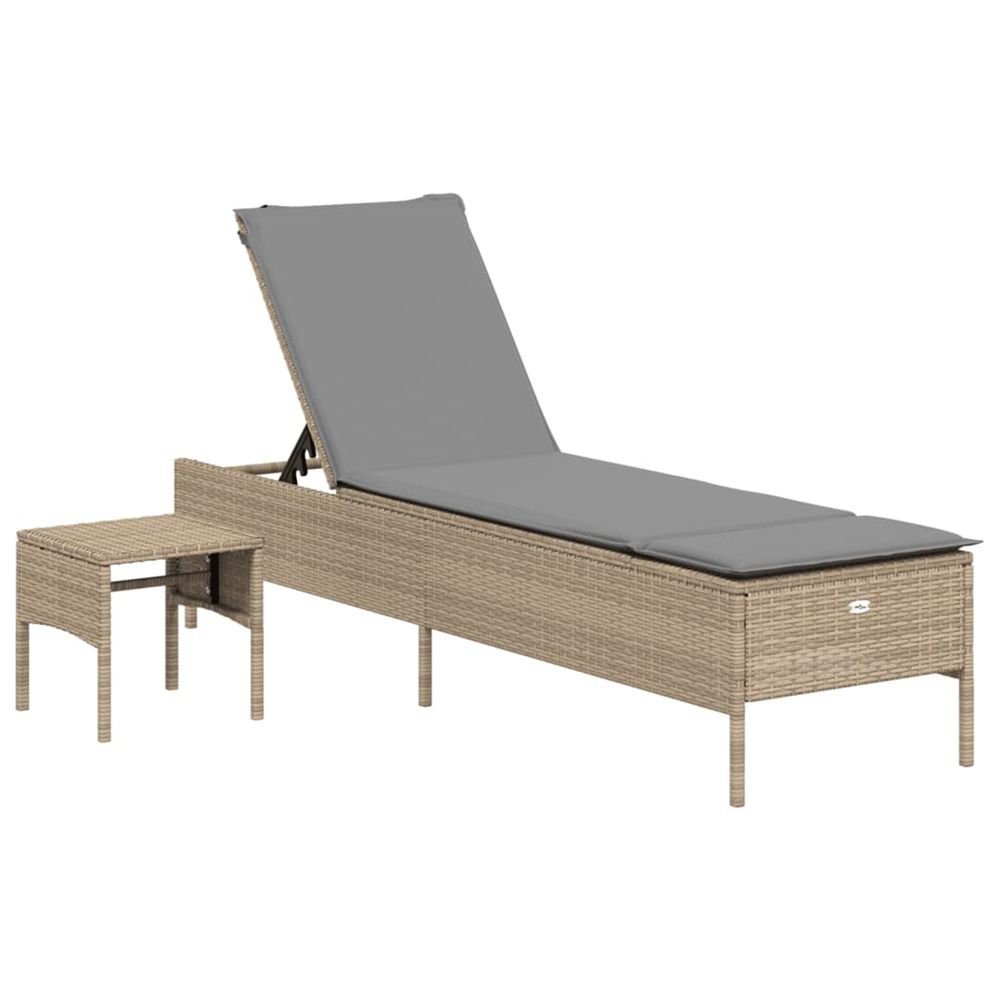 Chaise longue avec table et coussin beige résine tressée bain de soleil