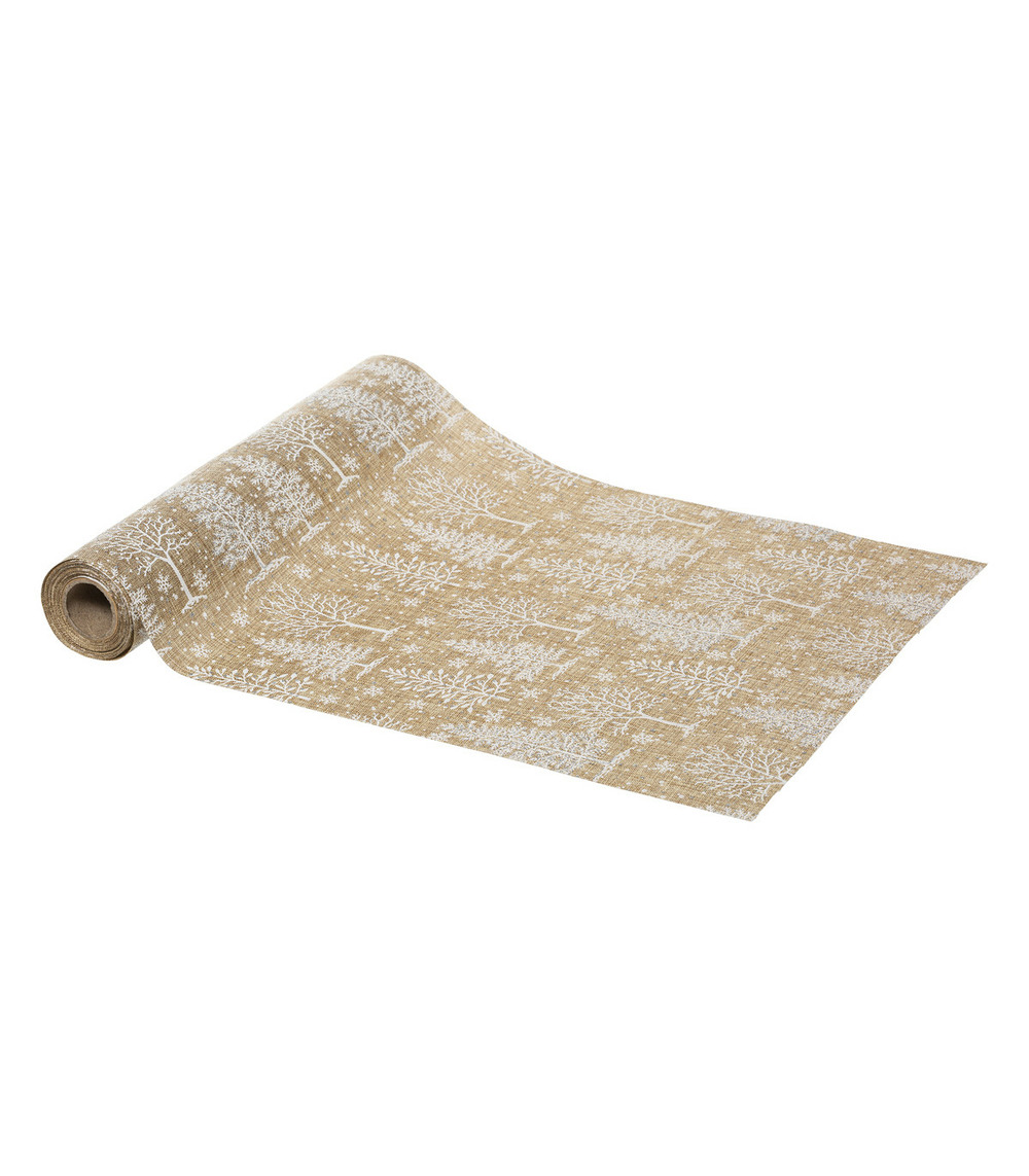 Chemin de table effet canevas imprimé arbre blanc et paillettes 28 x 300 cm