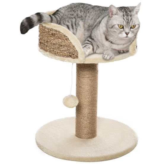 Petit arbre à chat design avec plateforme d'observation et jeu suspendu 49 cm beige