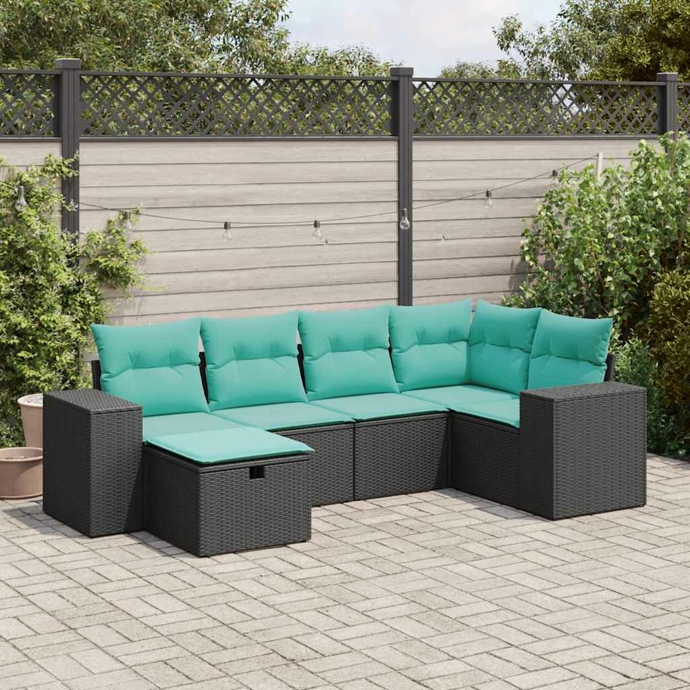 Salon de jardin 6 pcs avec coussins noir résine tressée