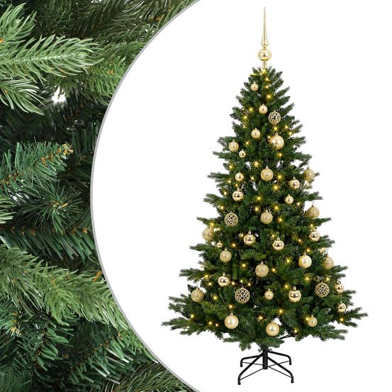 Sapin de noël artificiel avec boules 150 cm 150 led blanc chaud