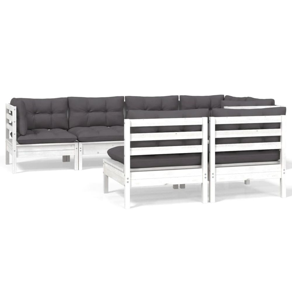 Salon de jardin 7 pcs avec coussins blanc bois de pin massif