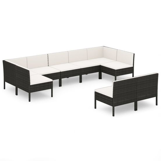 Salon de jardin 9 pcs avec coussins résine tressée noir