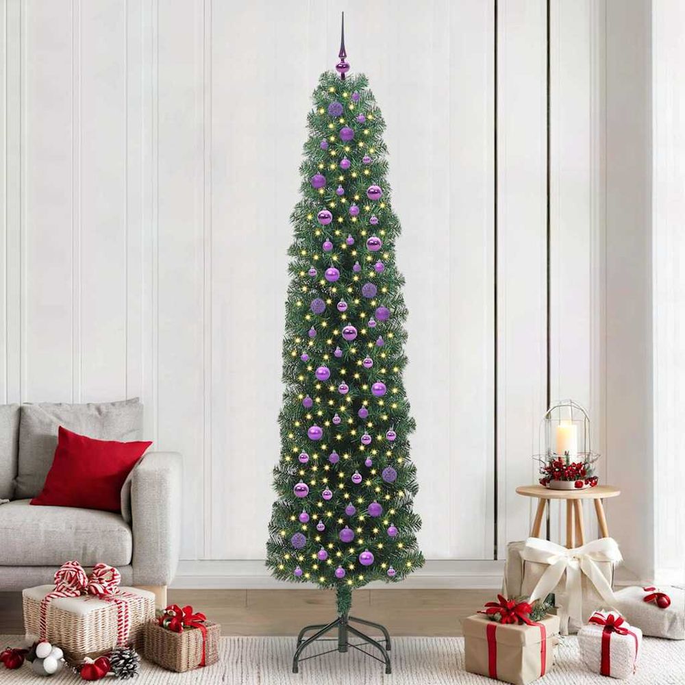 Sapin artificiel vert forme conique 240 cm, décoré avec lumières led et boules