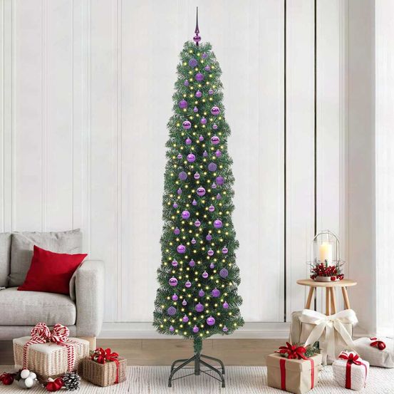 Sapin artificiel vert forme conique 240 cm, décoré avec lumières led et boules