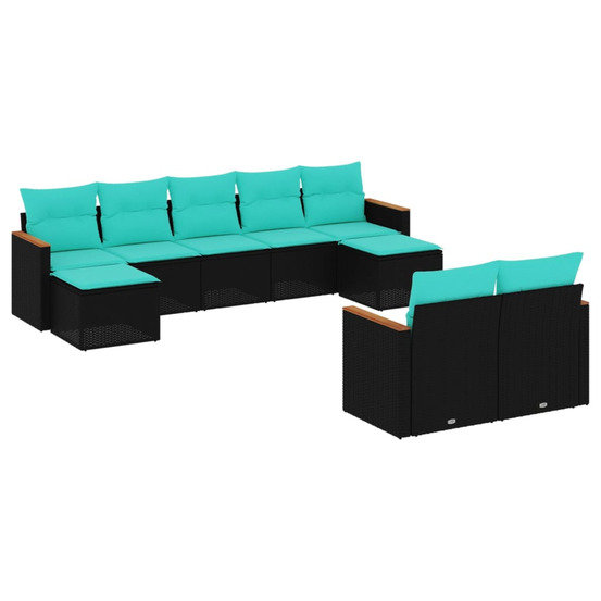 Salon de jardin 9 pcs avec coussins noir résine tressée