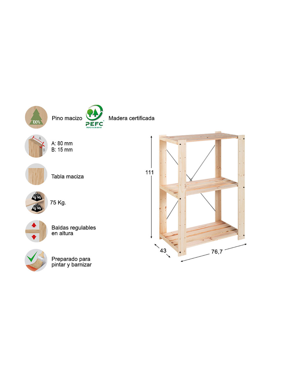 Étagère doublée evolution 3 111x76,7x43cm pin plein astigarraga