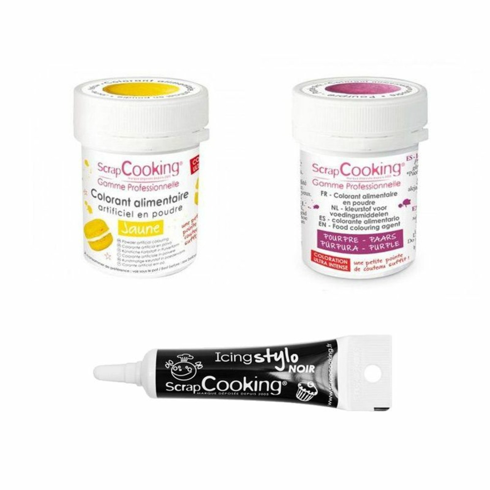 2 colorants alimentaires jaune-pourpre + stylo glaçage noir