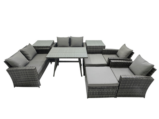 9 pièces ensemble de canapé en rotin extérieur avec 2 grand tabourets 2 tables d'appoint gris foncé mixte
