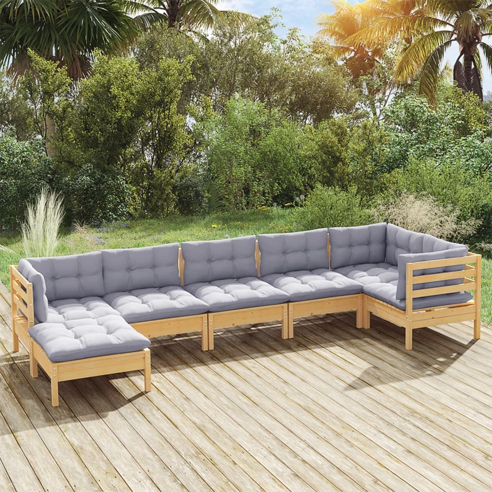 Salon de jardin 7 pcs avec coussins gris bois de pin massif