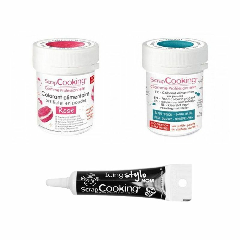 2 colorants alimentaires rose-bleu foncé + stylo glaçage noir