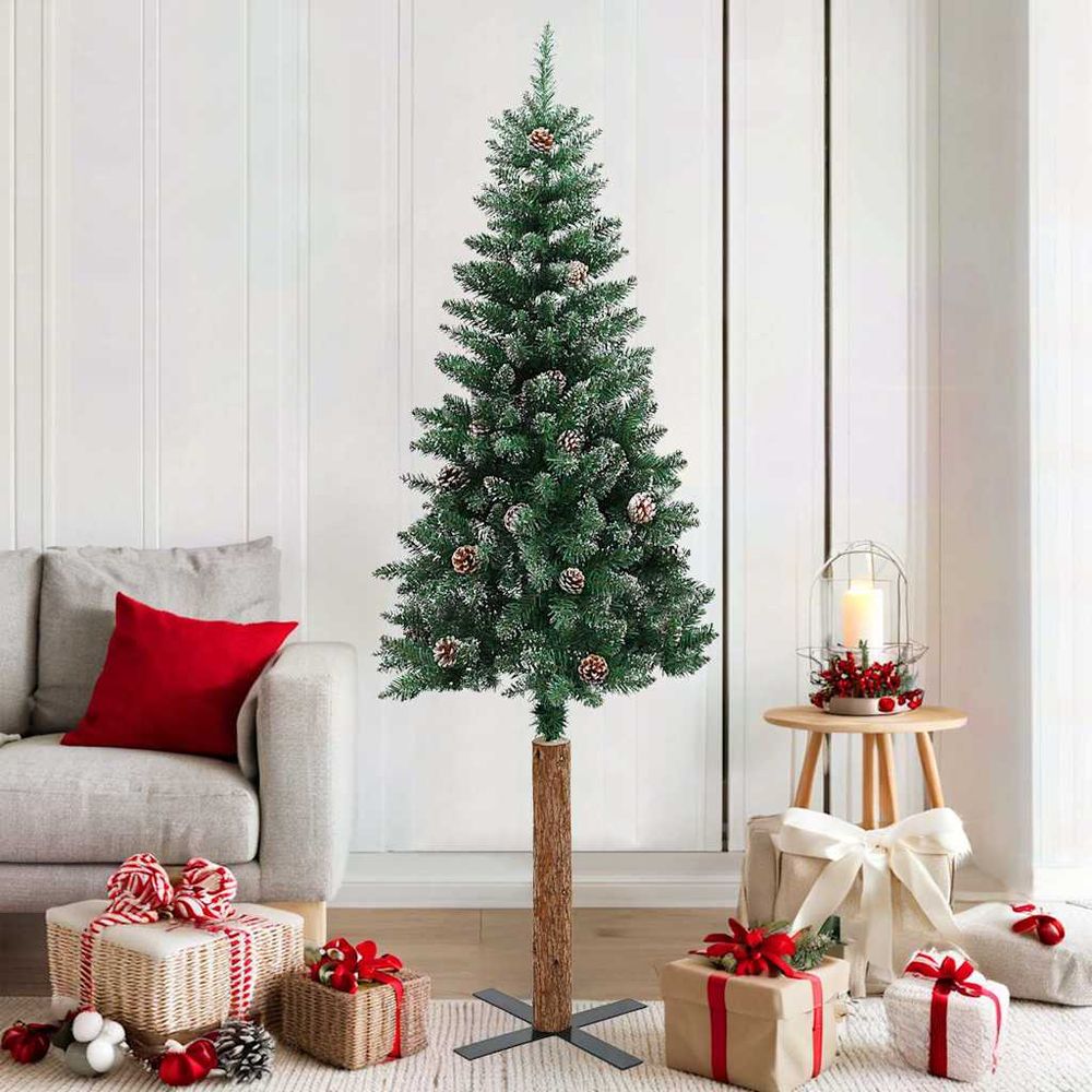 Sapin de noël mince enneigé avec bois véritable et cônes vert 180 cm