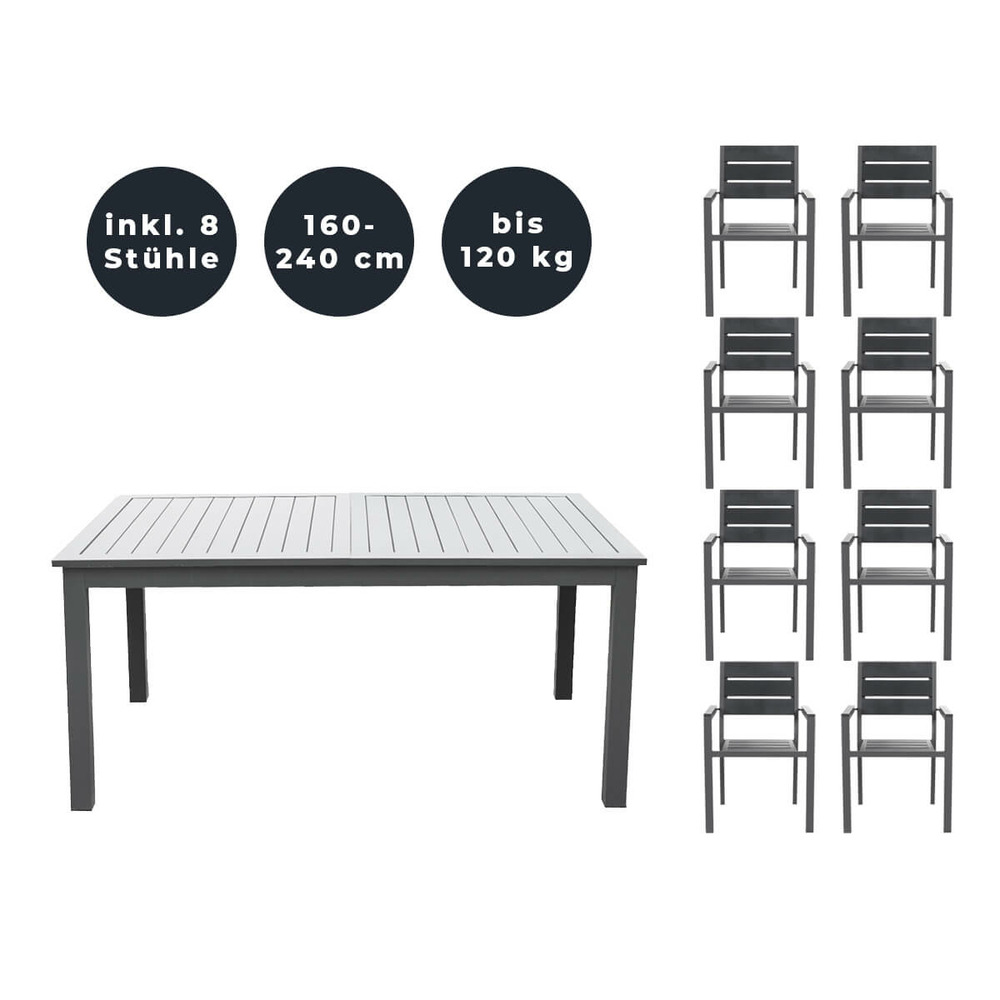 Home deluxe - table de jardin extensible - casa - env. 160 (240) x 100 x 74 cm - avec 8 chaises, piètement et plateau en aluminium -