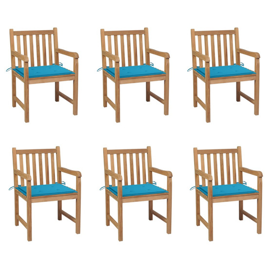 Chaises de jardin lot de 6 et coussins bleu bois de teck massif