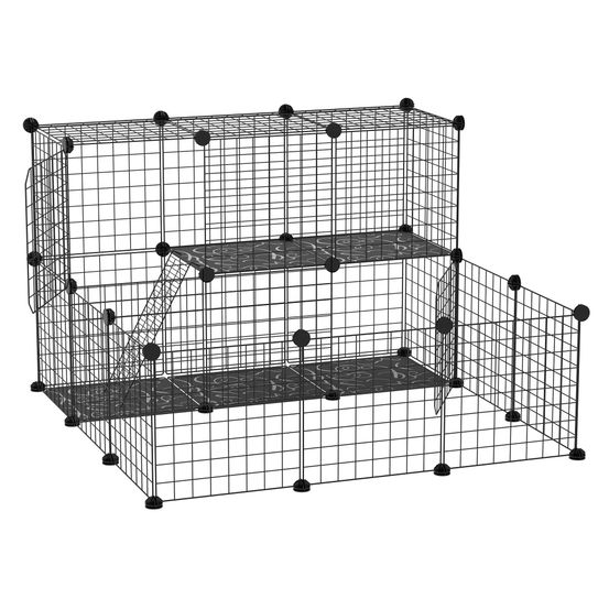 Parc modulable acier résine pour lapins cobayes 2 niveaux 105x105x70cm noir