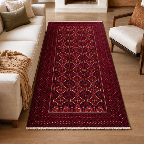 Tapis salon 108 x 208 cm, bordeaux, noir et rouge, en laine naturelle, balutsch 8