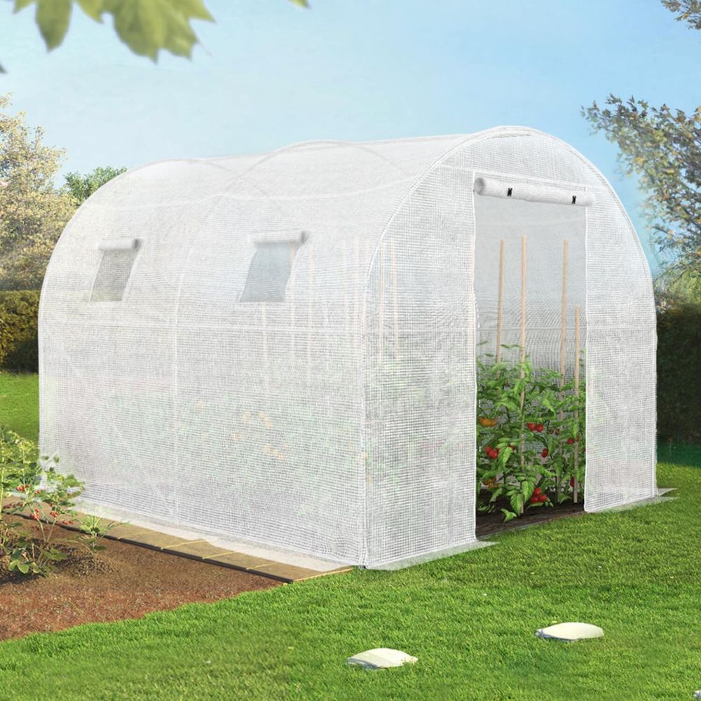 Serre de jardin tunnel 6m² 3 x 2 x 2 m acier galvanisé + bâche anti-uv avec porte et fenêtres roma blanche