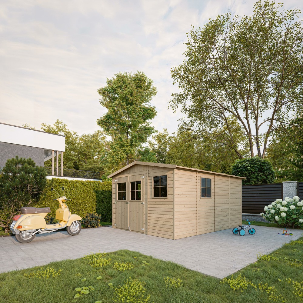 Abri de jardin en bois 11.97 m² - h226 x 324 x 416 cm - construction de panneaux en bois naturel - m336