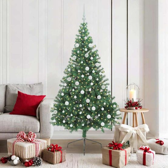 Sapin de noël 180 cm prêt à décorer, 300 led 8 modes et 120 boules rouges