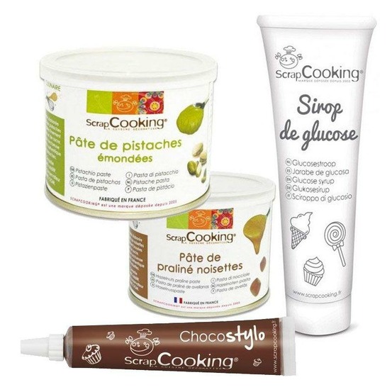 Pâte de pistache + pâte de noisette + sirop de glucose + 1 stylo chocolat