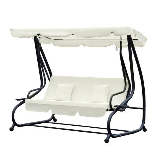 Balancelle de jardin 3 places convertible toit inclinaison réglable 2 tablettes support acier époxy gris polyester crème