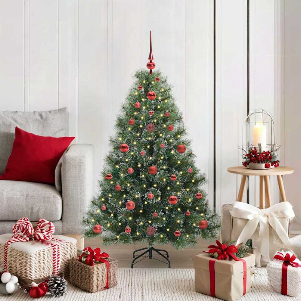 Sapin de noël artificiel 120 cm complet avec 150 led et 61 boules vertes