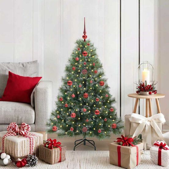 Sapin de noël artificiel 120 cm complet avec 150 led et 61 boules vertes