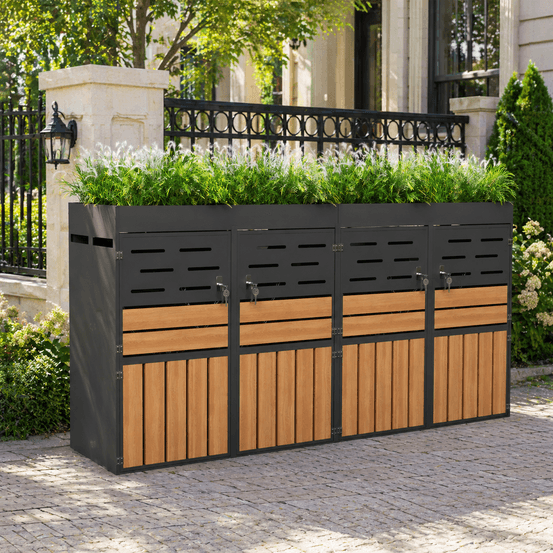 Cache-poubelle 4 bacs acier galvanisé jardin extérieur jardinière intégrée 264x80x128cm gris - comfortxl outdoor living