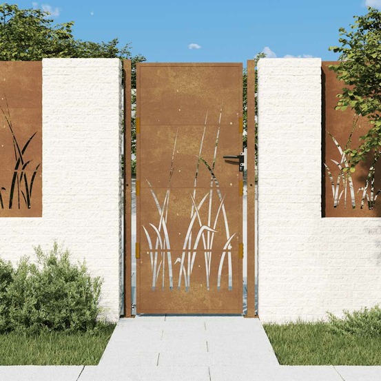 Portail de jardin 100x175 cm en acier corten avec motif gazon