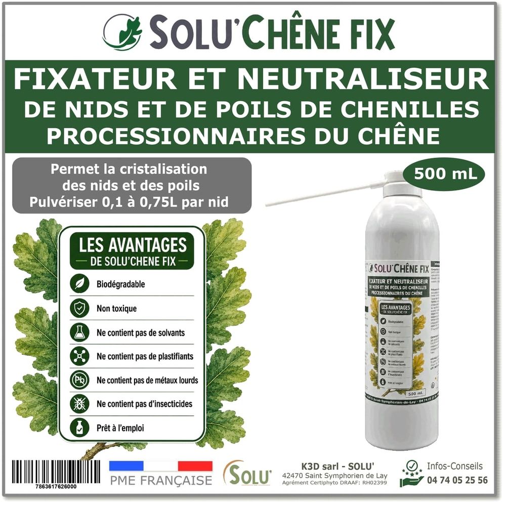 Solu'chêne fix - Traitement biologique contre les nids de chenilles processionnaires du chêne - aérosol de 500 ml