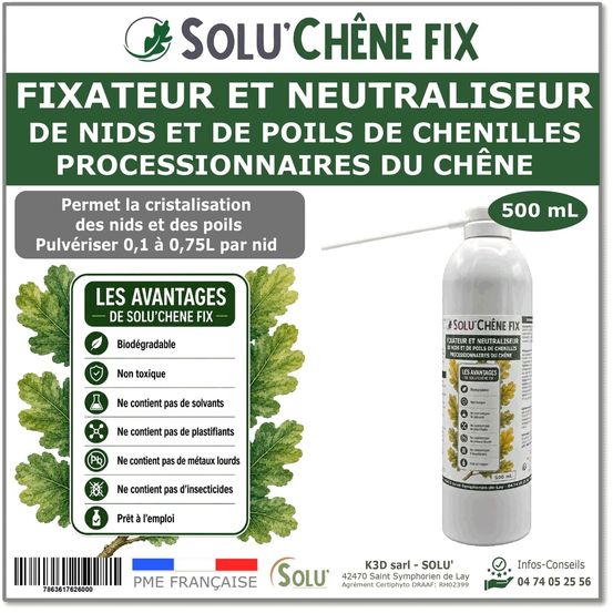 Solu'chêne fix - Traitement biologique contre les nids de chenilles processionnaires du chêne - aérosol de 500 ml