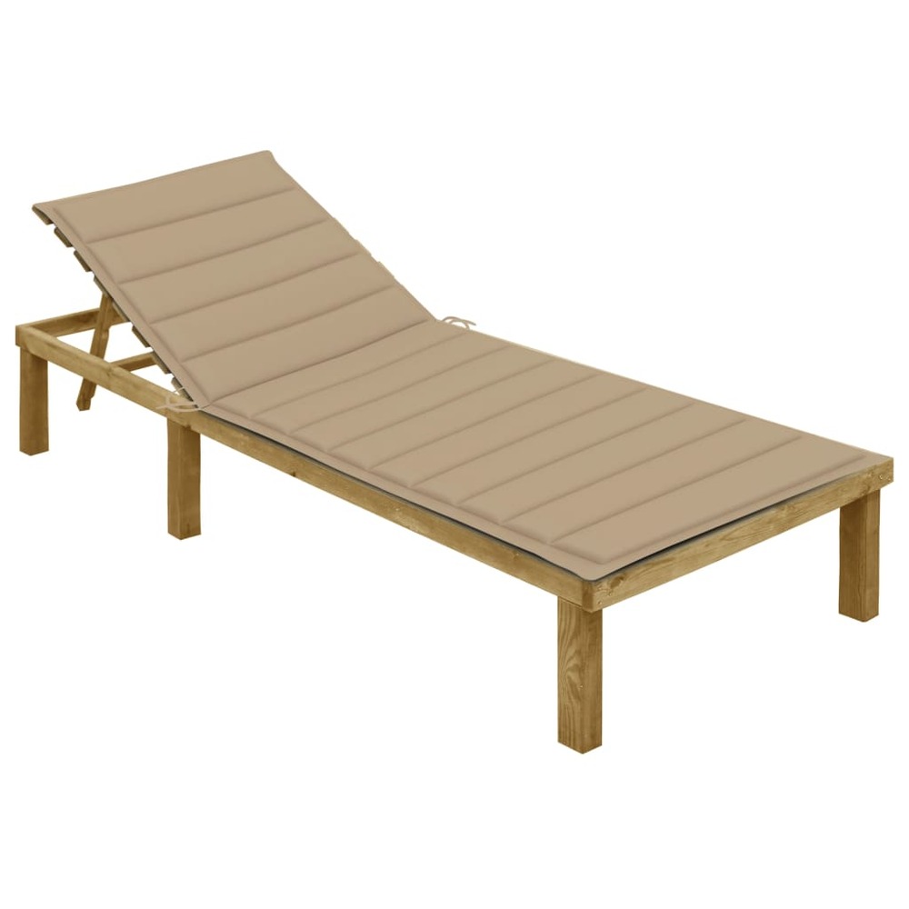 Transat chaise longue bain de soleil lit de jardin terrasse meuble d'extérieur 200 cm avec coussin beige bois de pin imprégné