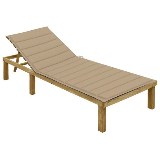 Transat chaise longue bain de soleil lit de jardin terrasse meuble d'extérieur 200 cm avec coussin beige bois de pin imprégné