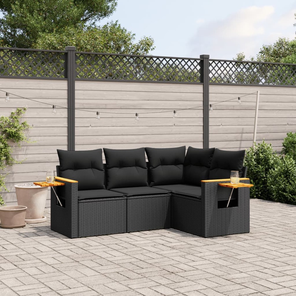 Salon de jardin 4 pcs avec coussins noir résine tressée