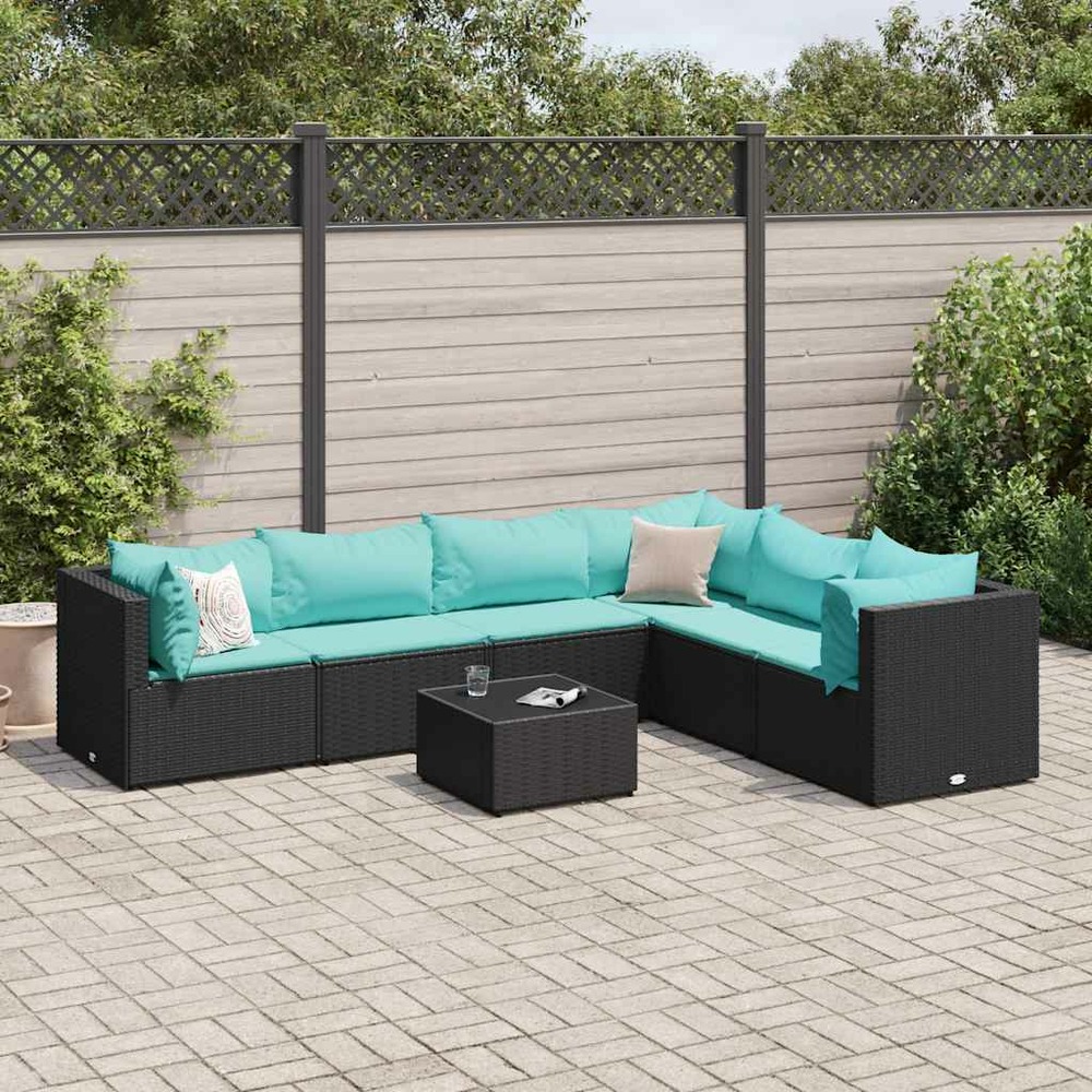 Salon de jardin 7 pcs avec coussins noir résine tressée