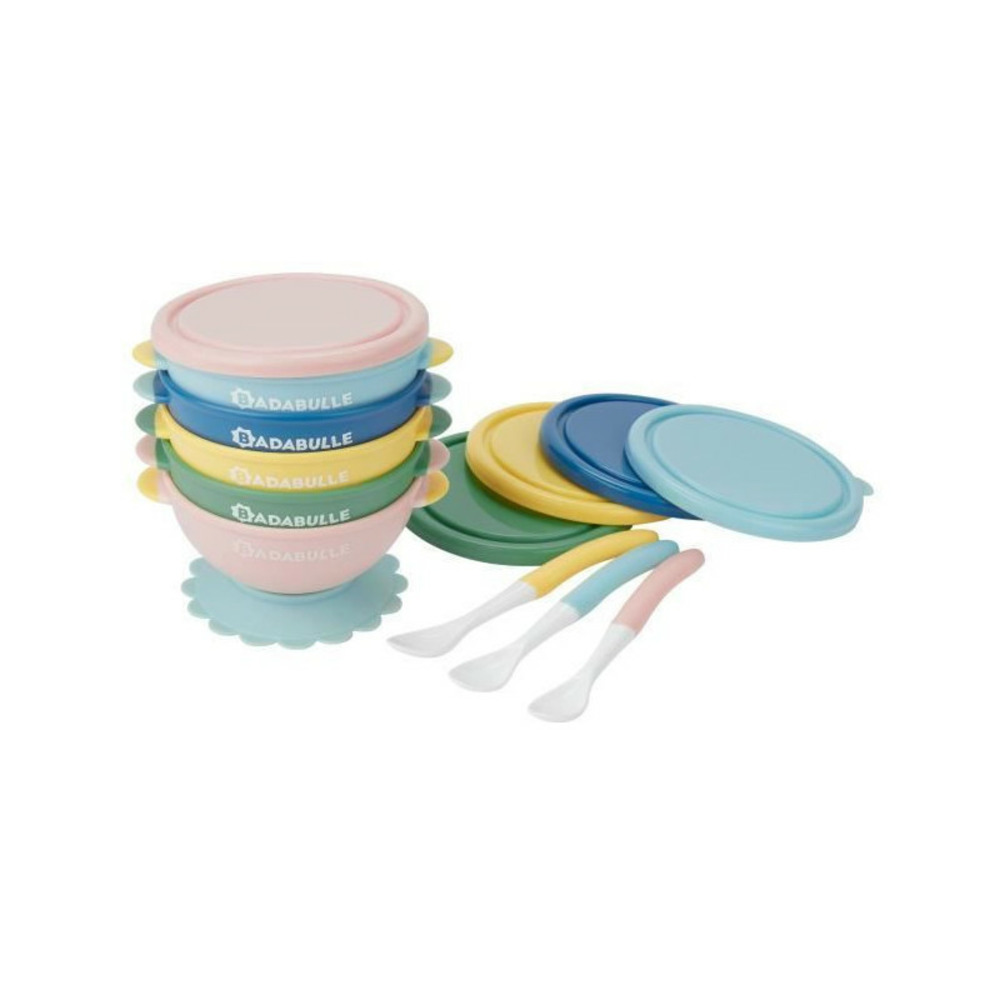 Badabulle lot de 5 bols antiderapants 330ml et 3 cuilleres souples