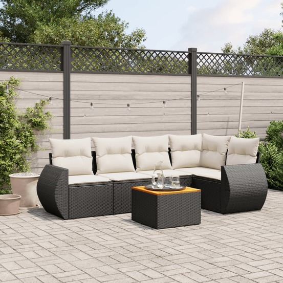 Salon de jardin 6 pcs avec coussins noir résine tressée