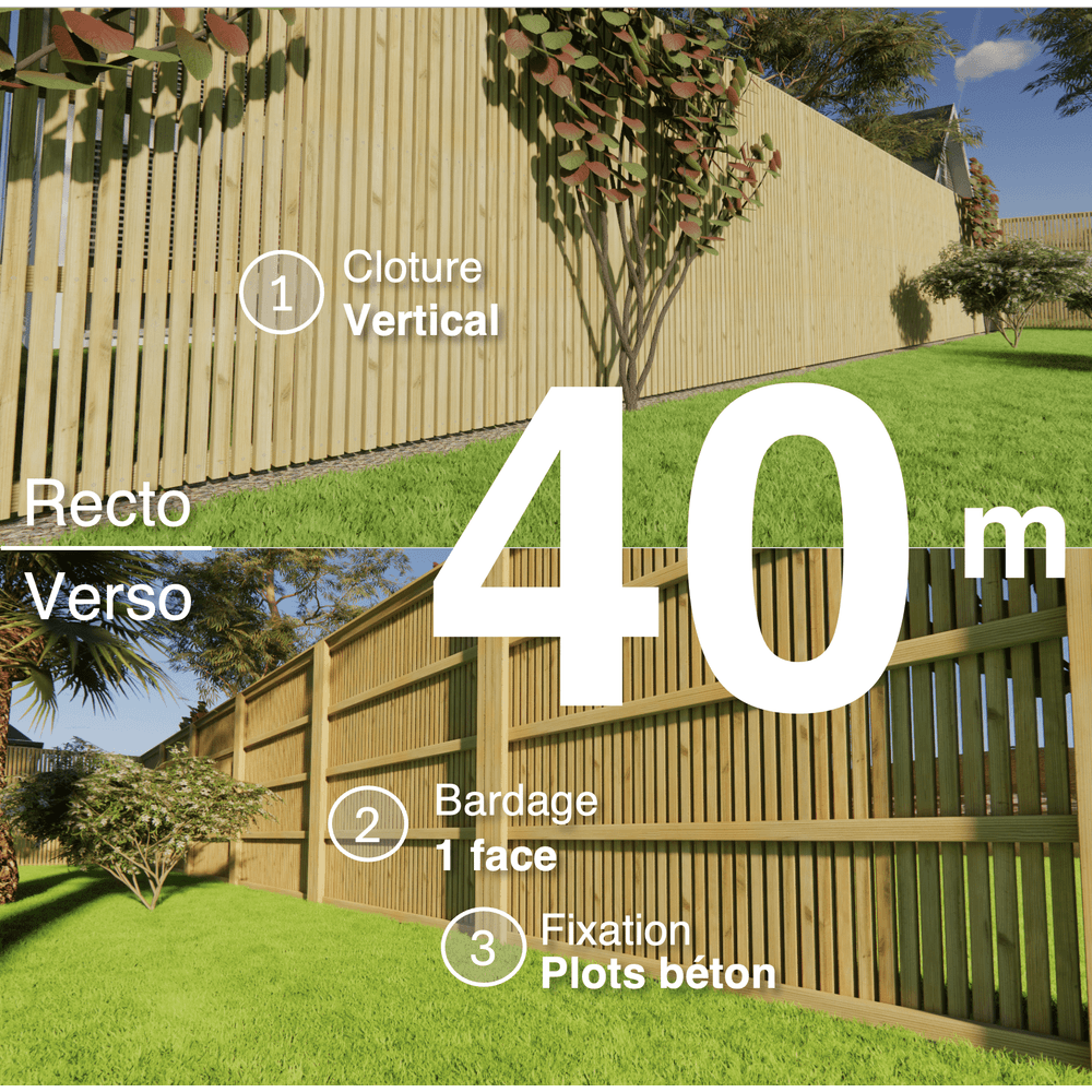 Kit clôture bois moderne 40m – h 2,3m – 45 x 45 mm autoclave – pose vertical – simple face – à sceller