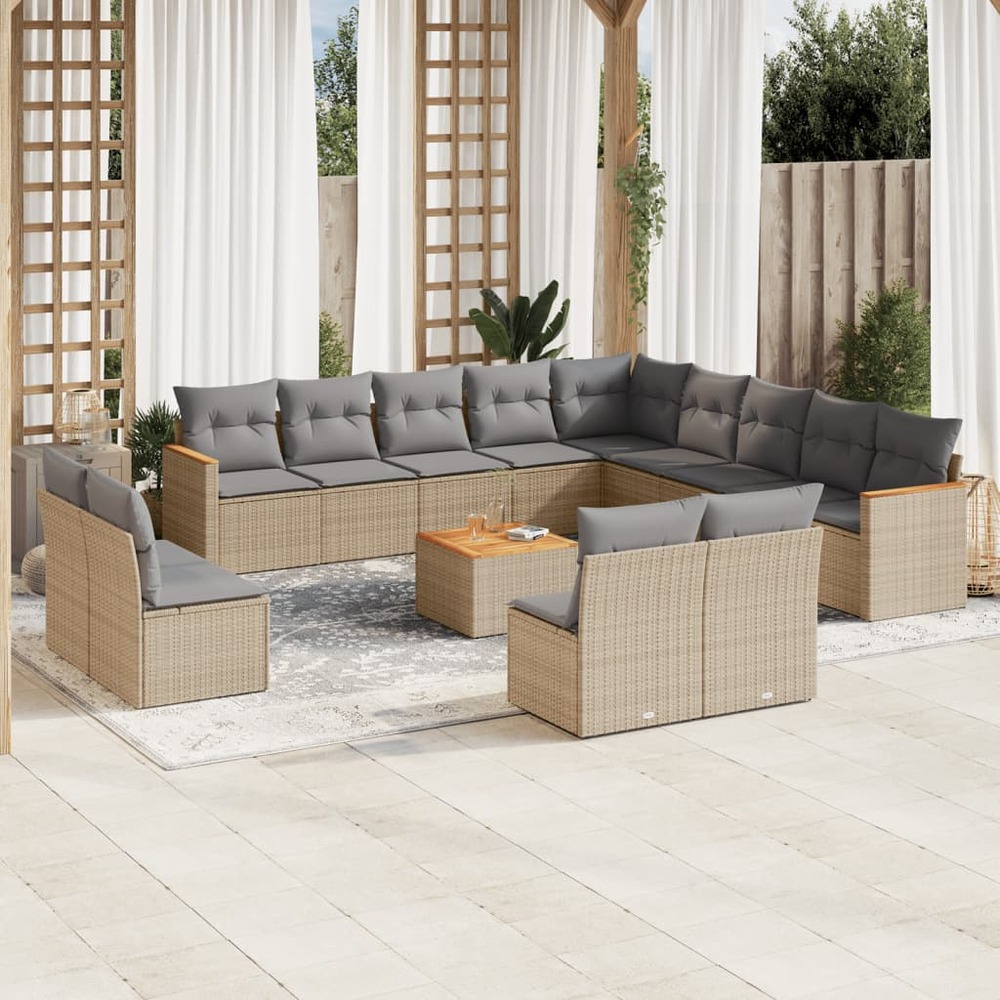 Salon de jardin avec coussins 14 pcs beige résine tressée