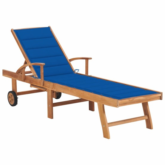 Transat chaise longue bain de soleil lit de jardin terrasse meuble d'extérieur 195 cm avec coussin bleu royal bois de teck so