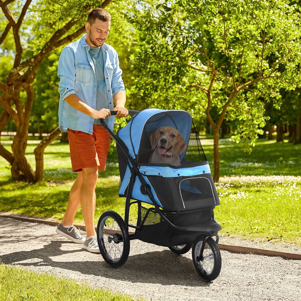 Poussette chien tissu oxford jogging pliable 3 roues panier rangement bleu