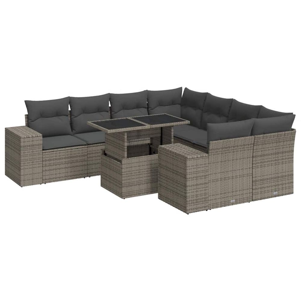 Salon de jardin 9 pcs avec coussins gris résine tressée