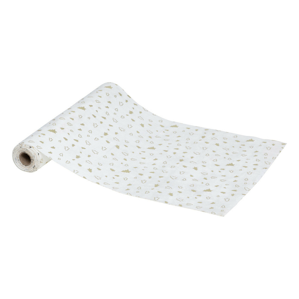 Chemin de table tissu en velours blanc et sapin or 28 x 300 cm
