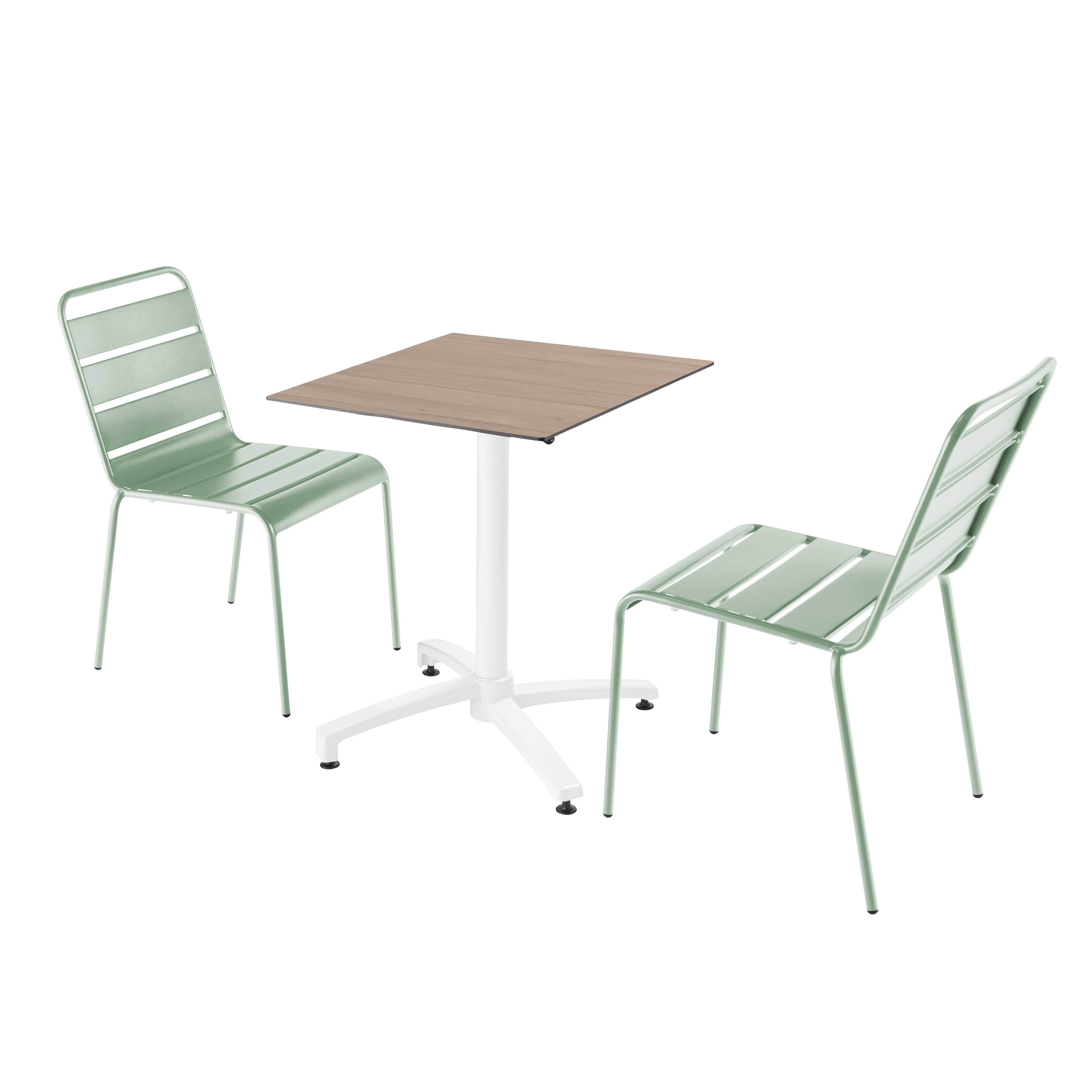 Ensemble table de terrasse stratifié chêne et 2 chaises vert sauge