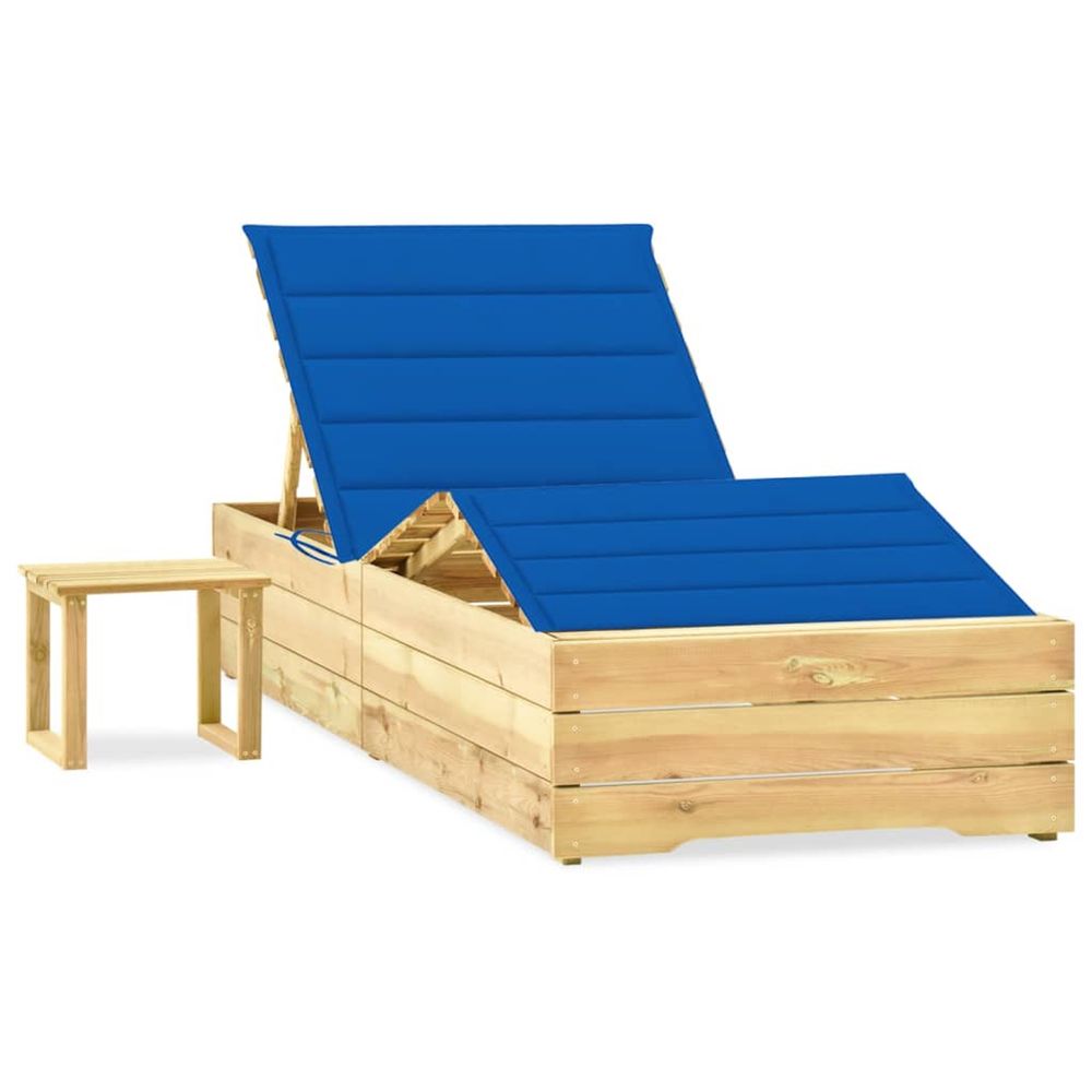 Chaise longue de jardin avec table et coussin pin imprégné bain de soleil