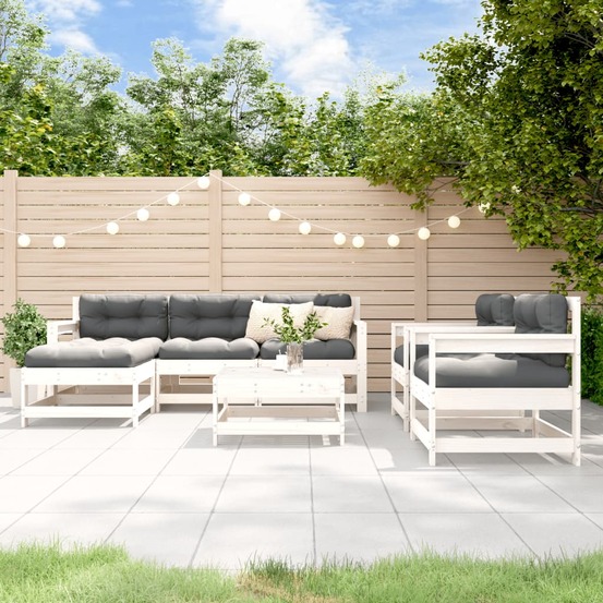 Salon de jardin 7 pcs blanc bois de pin massif